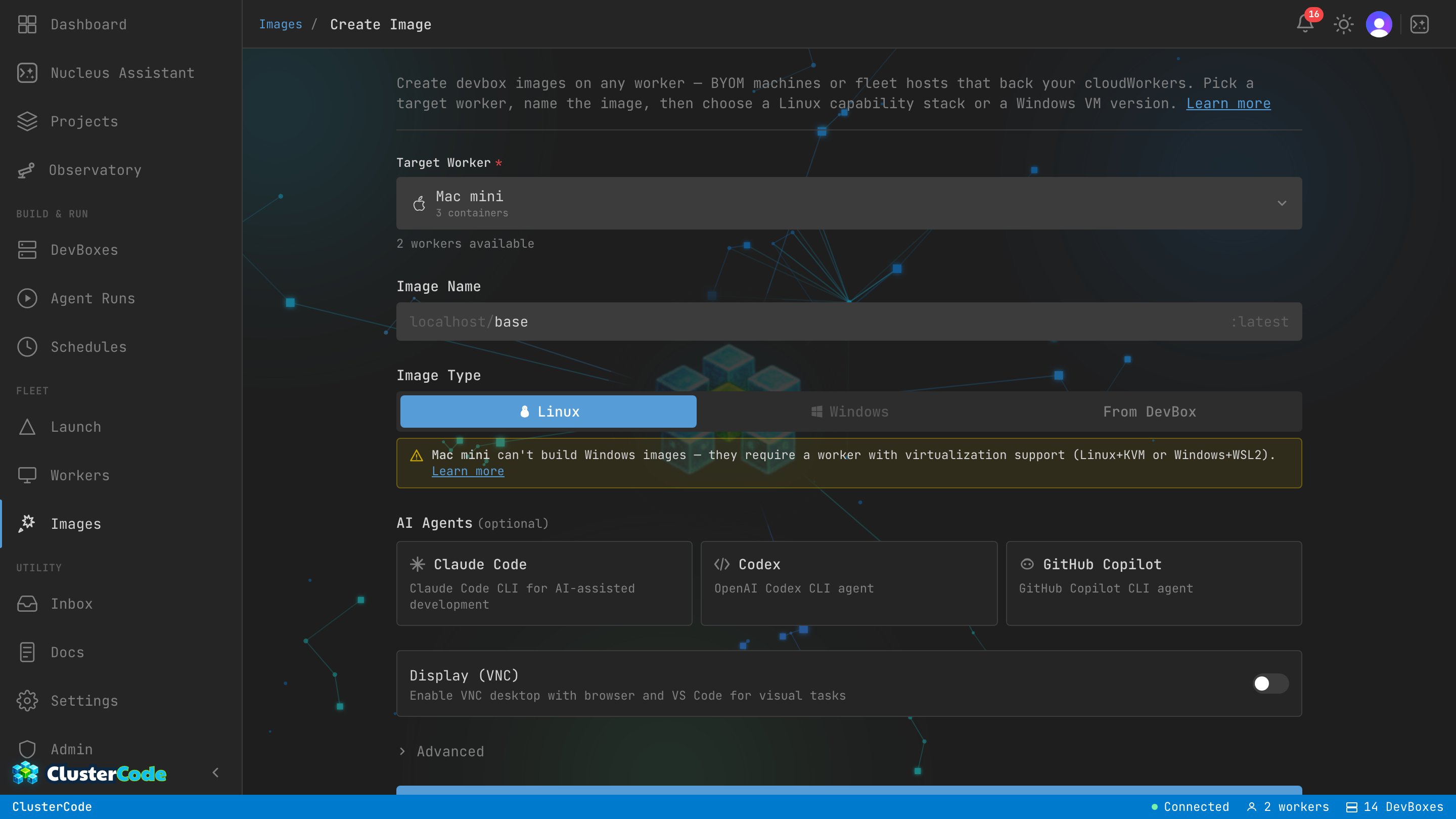 ClusterCode Build Image page with Claude Code Terminal Containerfile template