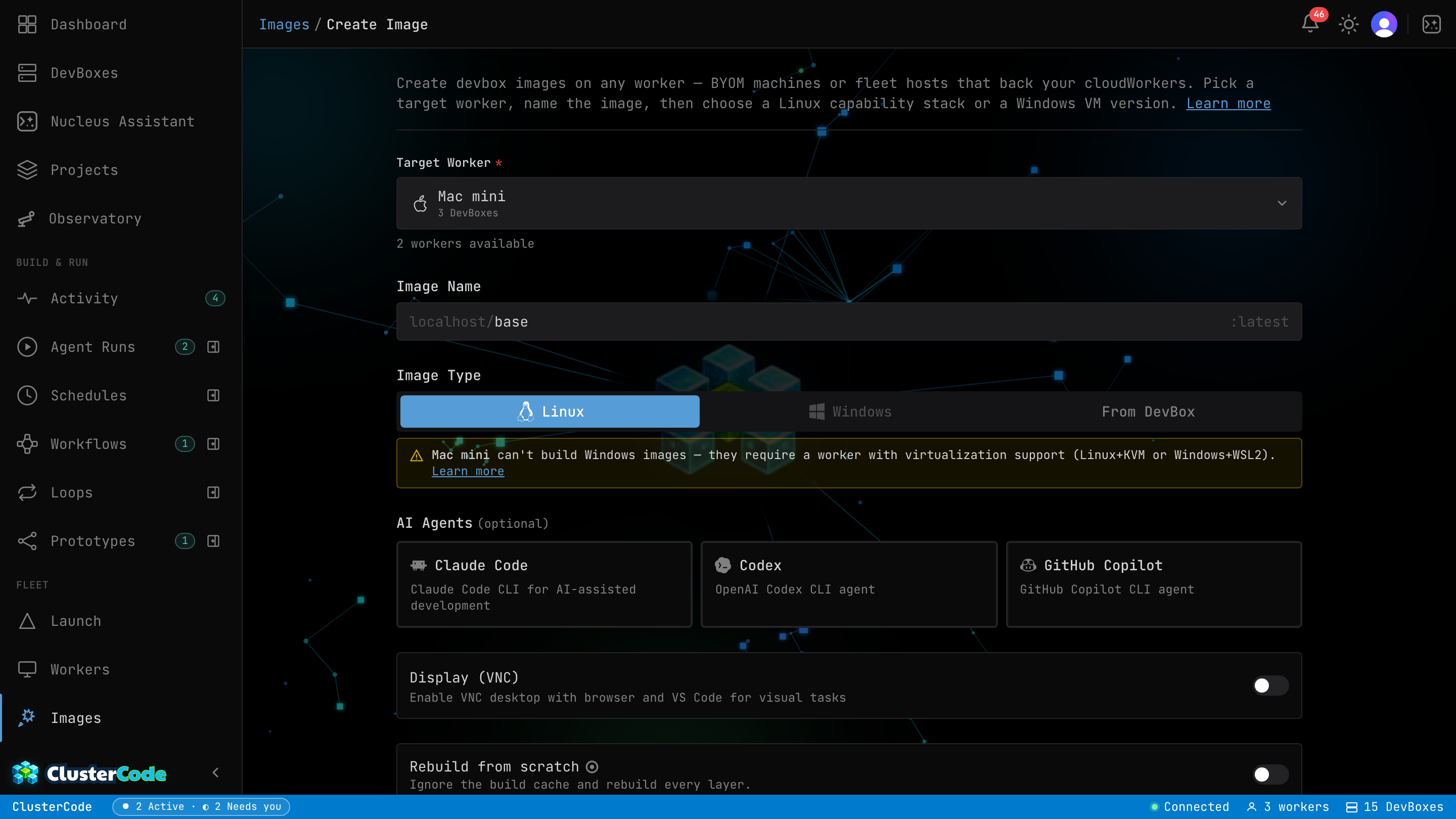 ClusterCode Build Image page with Claude Code Terminal Containerfile template