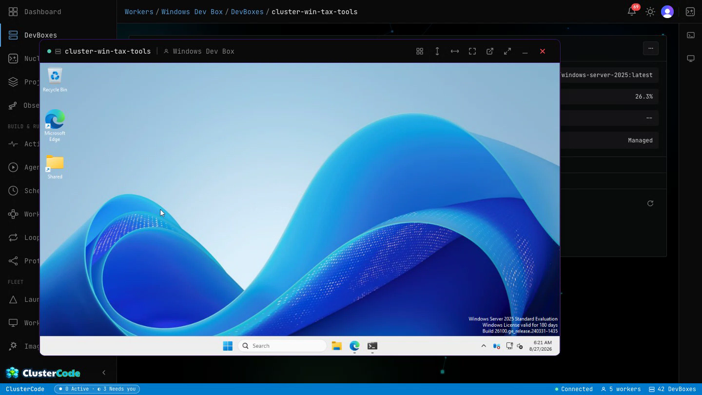 A real Windows Server 2025 desktop opened as a detached display inside ClusterCode, streaming live over noVNC — the ClusterCode sidebar and DevBox breadcrumb around it, Edge and PowerShell on the guest taskbar
