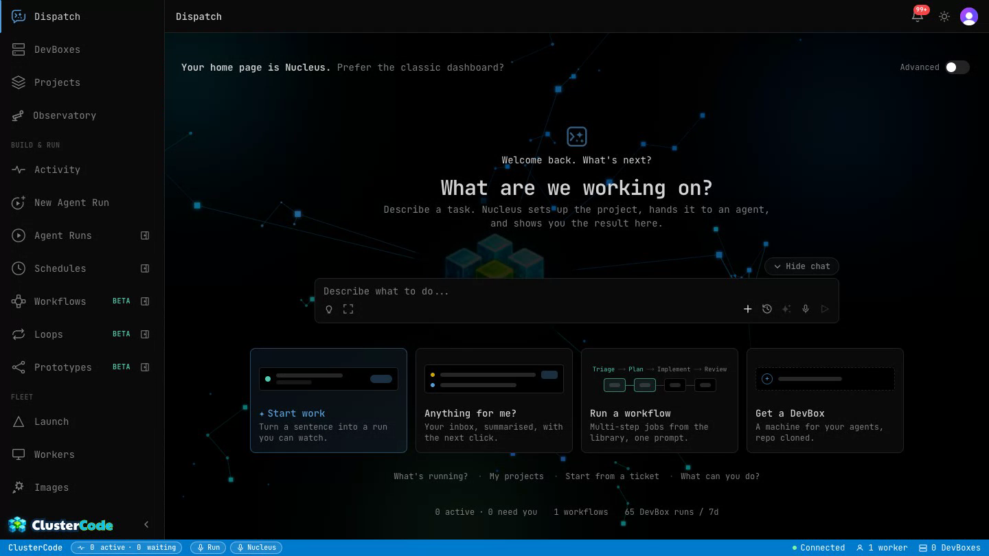 Dispatch, the guided home: asking for a DevBox, then shipping a feature through a workflow and opening the workflow run
