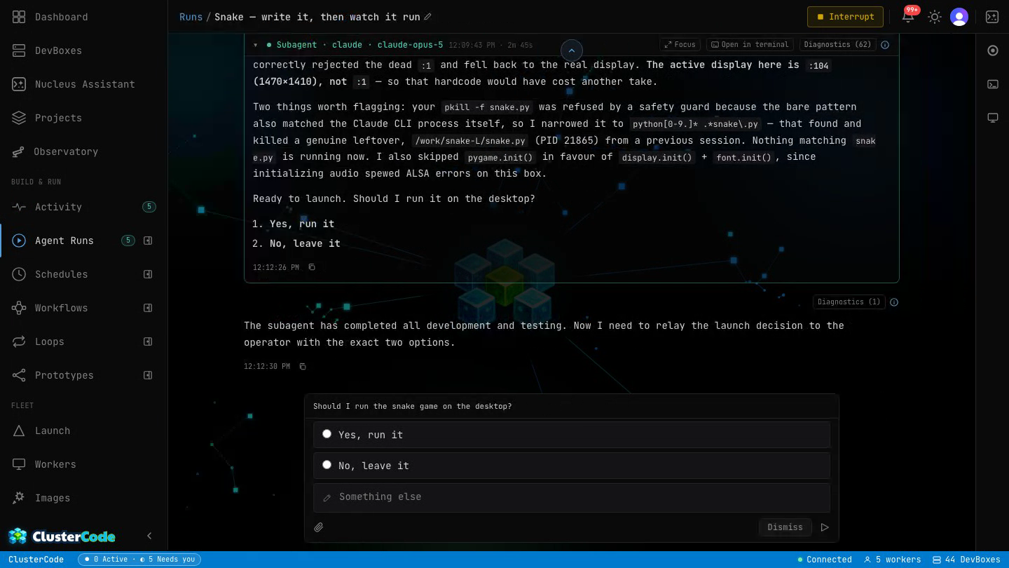 An agent driving a real graphical desktop inside a DevBox — running what it just built and watching it on screen