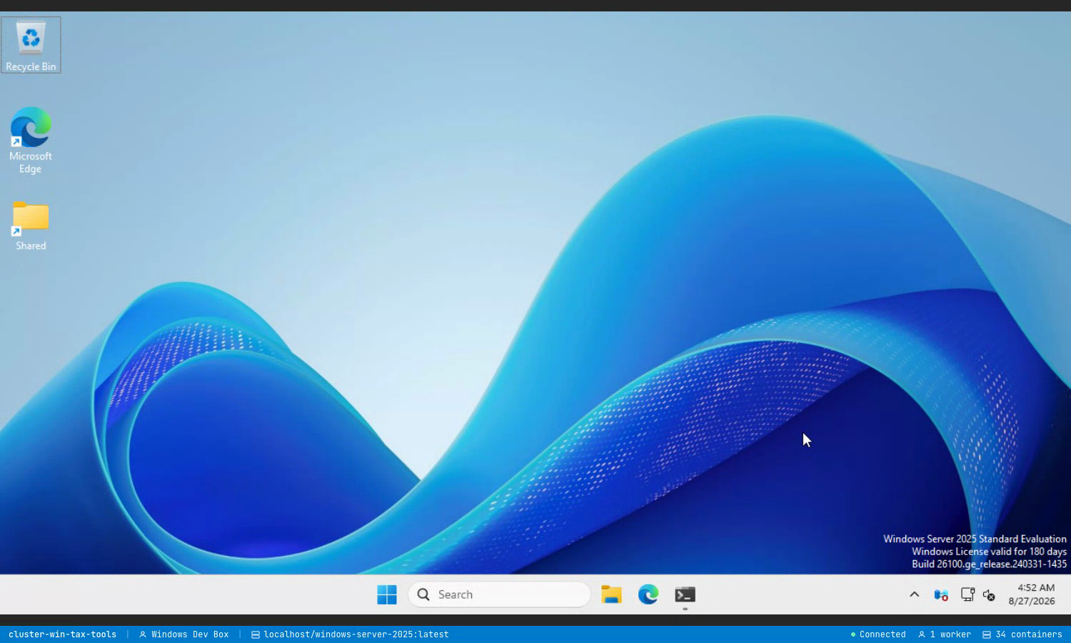 A Windows Server 2025 desktop streaming live from a ClusterCode DevBox: the taskbar search opens PowerShell, and winver brings up the About Windows dialog naming the edition and build.
