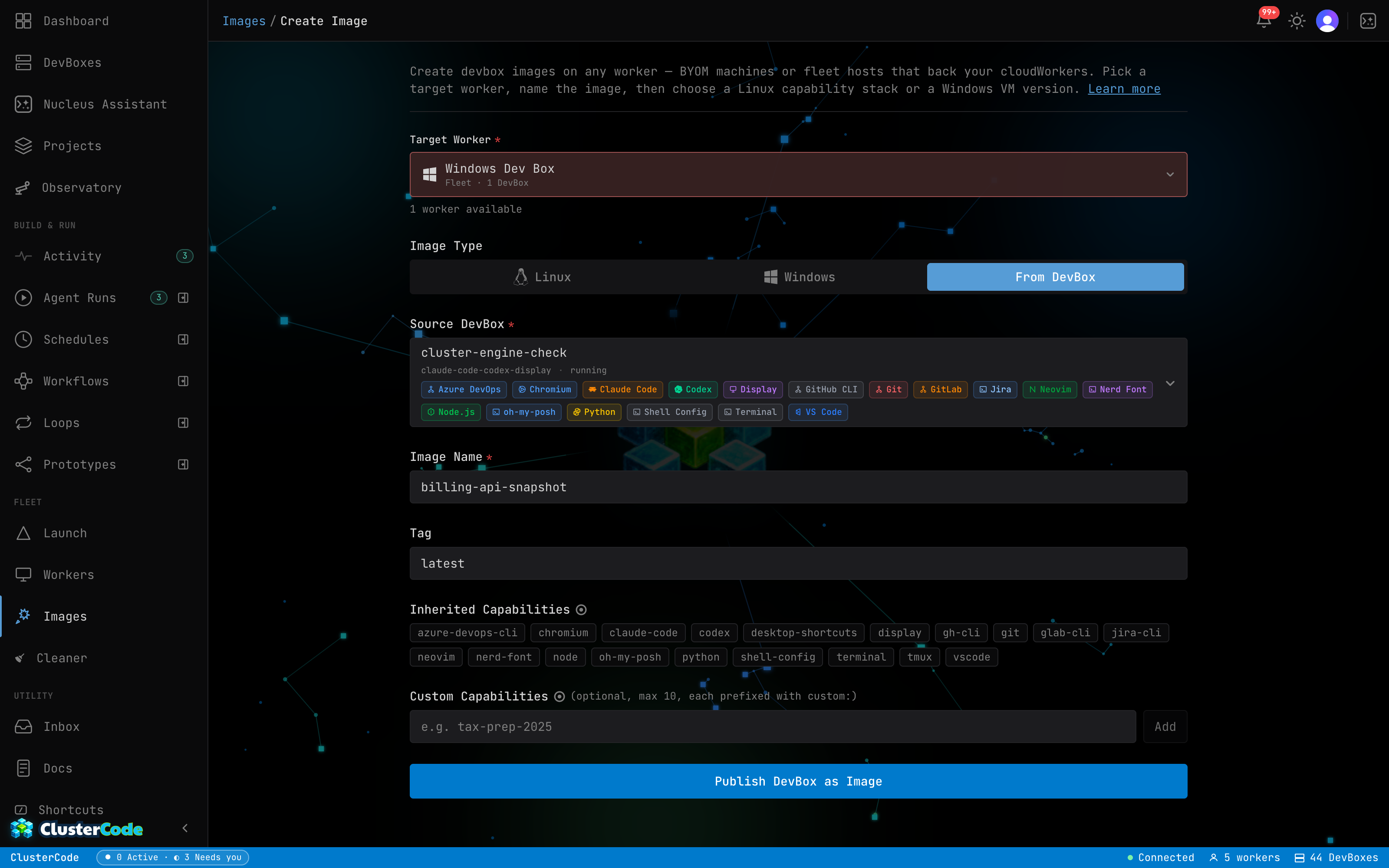 Building an image From DevBox — a running DevBox picked as the source, its capabilities inherited into the new image, ready to Publish DevBox as Image