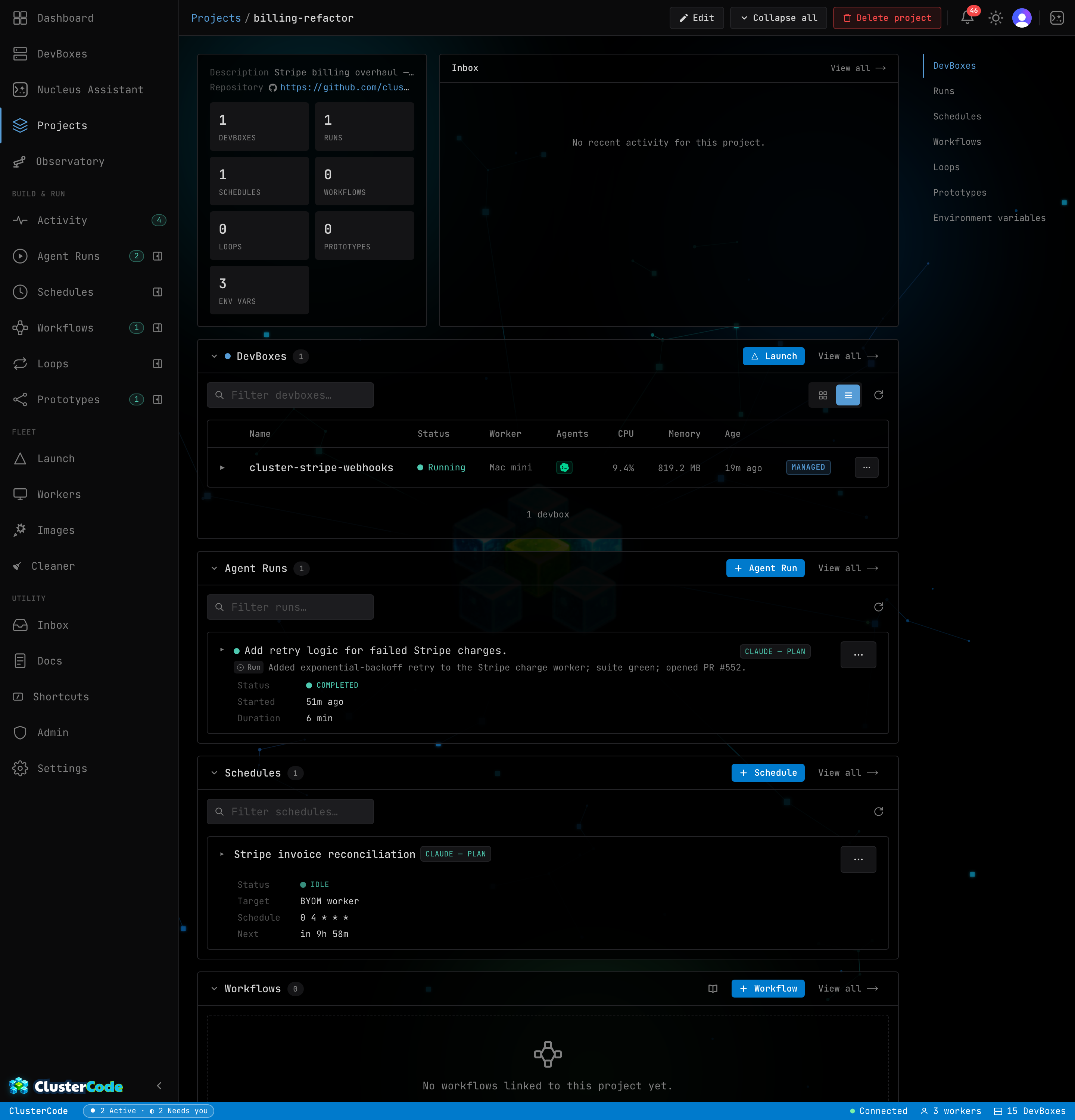 A project dashboard — scoped inbox, the project's DevBoxes, runs and schedules, and project-level environment variables