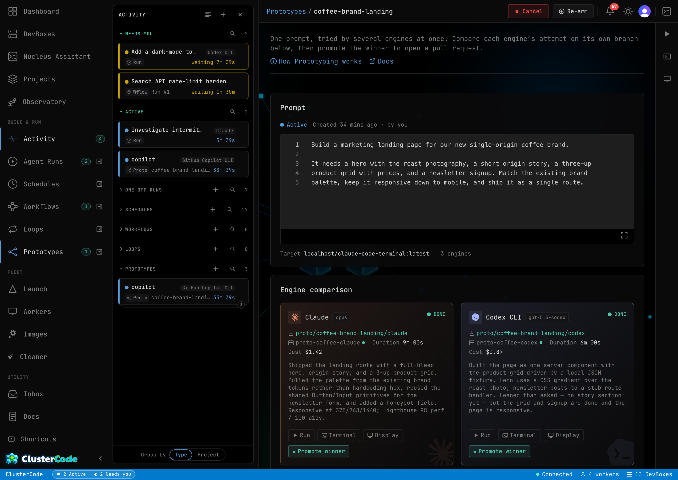 A finished two-contender prototype, compared side by side: Claude (sonnet) and Codex both Done, each card showing its branch, duration, and real dollar cost with the agent's own summary — and the shared side panel opened on Display, streaming the live desktop of a finished DevBox with the coffee-brand landing page each agent actually built rendered in the browser