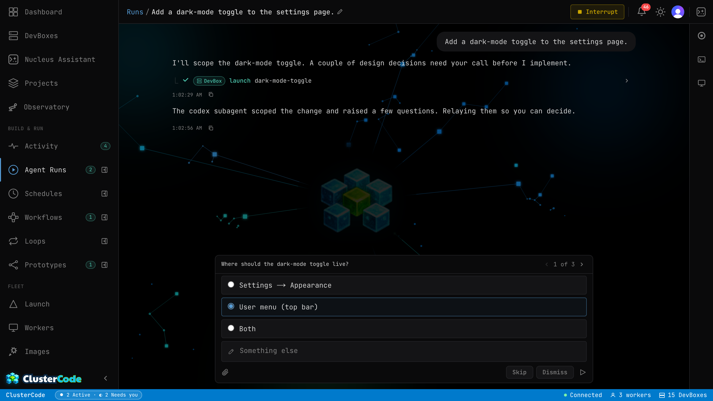 A ClusterCode run paused with a question for the human, waiting at the approval gate