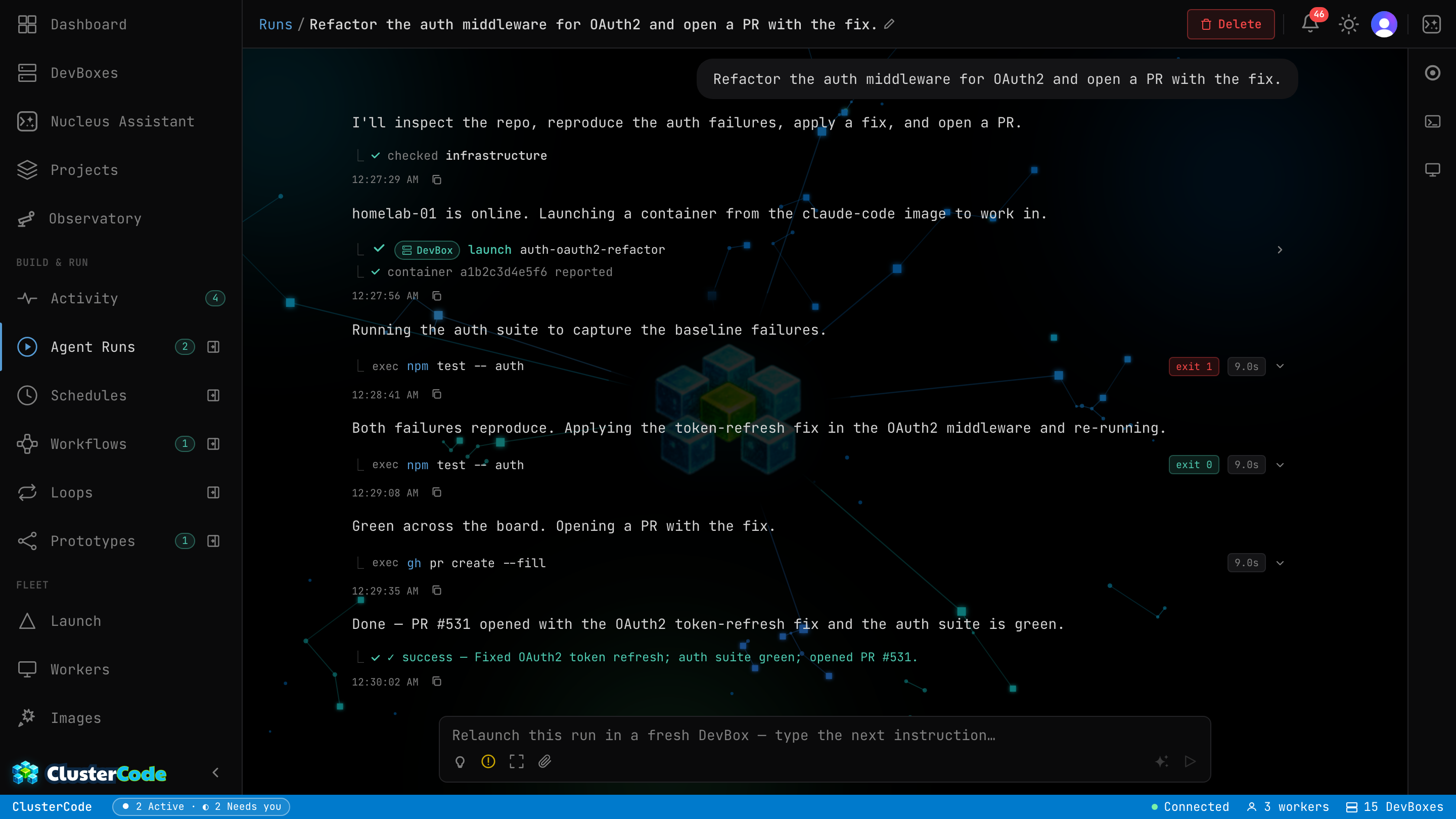 The ClusterCode run timeline: every run, its agent, its duration and outcome