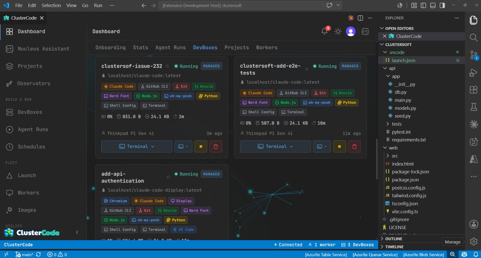 ClusterCode VS Code extension running — showing live DevBoxes and workers in the sidebar