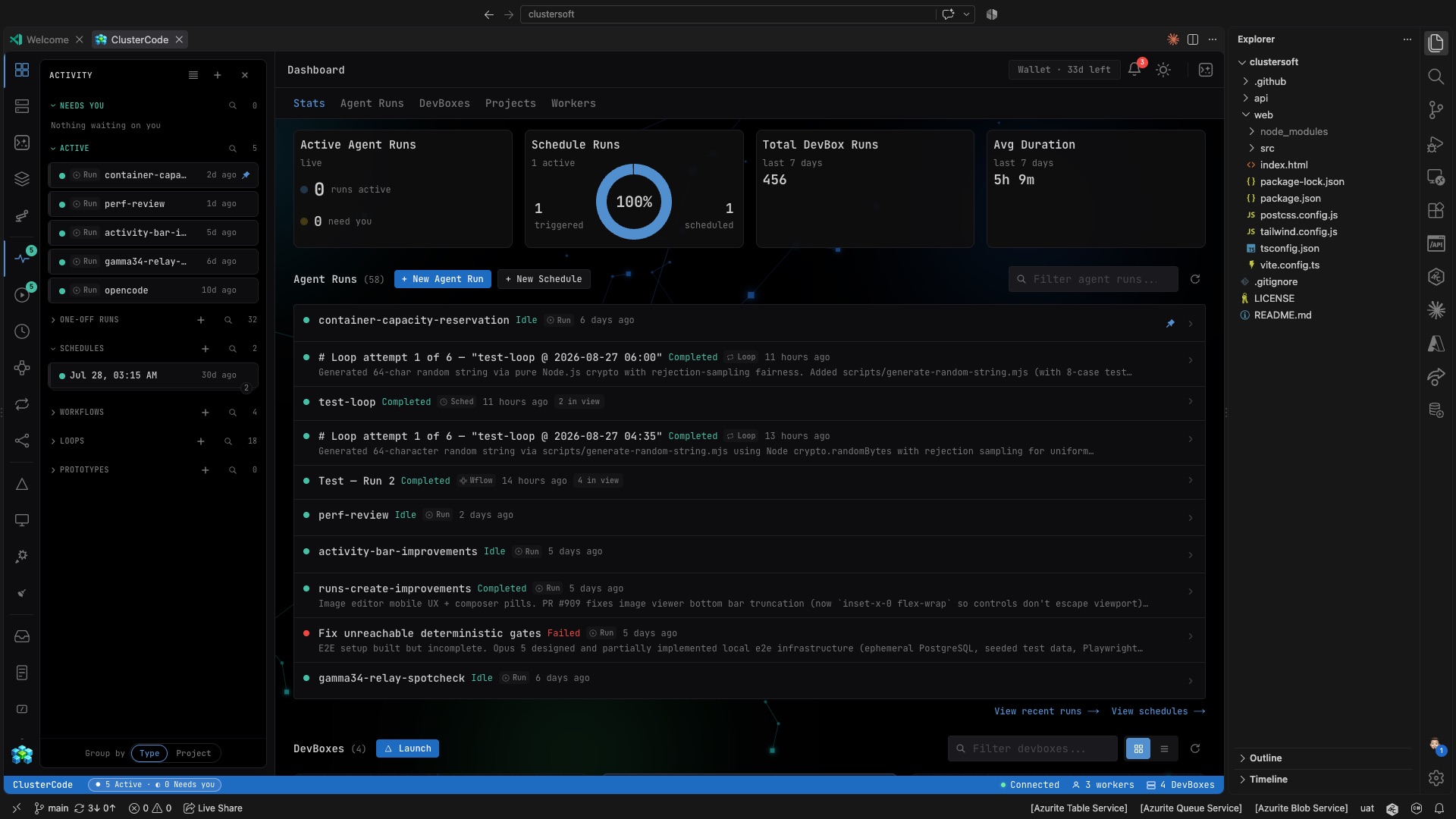 ClusterCode VS Code extension running — showing live DevBoxes and workers in the sidebar
