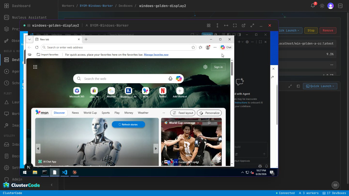 A real Windows DevBox desktop opened as a detached display inside ClusterCode — the Start menu open, launching Microsoft Edge, streaming live over noVNC