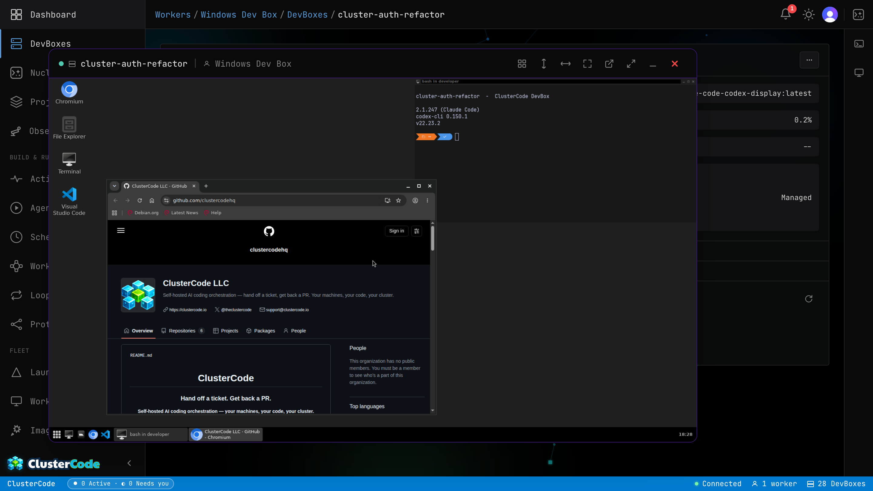 A Linux DevBox desktop opened as a detached display window inside the ClusterCode app — Chromium on the ClusterCode GitHub org and a terminal reporting the installed Claude Code, Codex and Node versions, captured live over noVNC