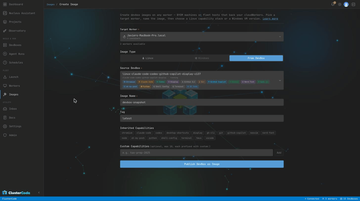 Building an image From DevBox — a running DevBox picked as the source, its capabilities inherited into the new image, ready to Publish DevBox as Image