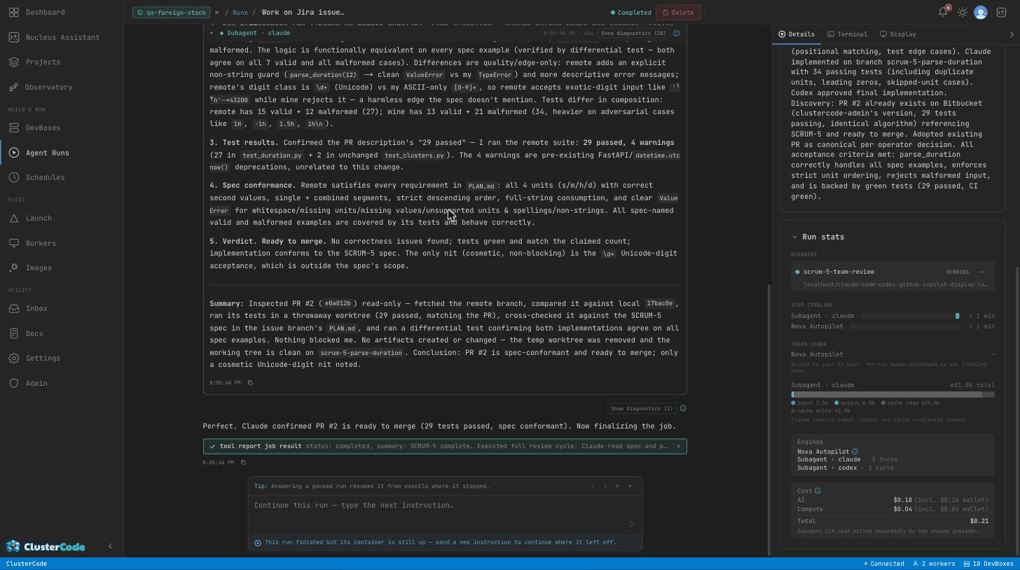 A completed multi-agent run — the run-details panel shows the claude-code-codex-github-copilot image and a summary of the Claude↔Codex review relay, with the agent transcript alongside