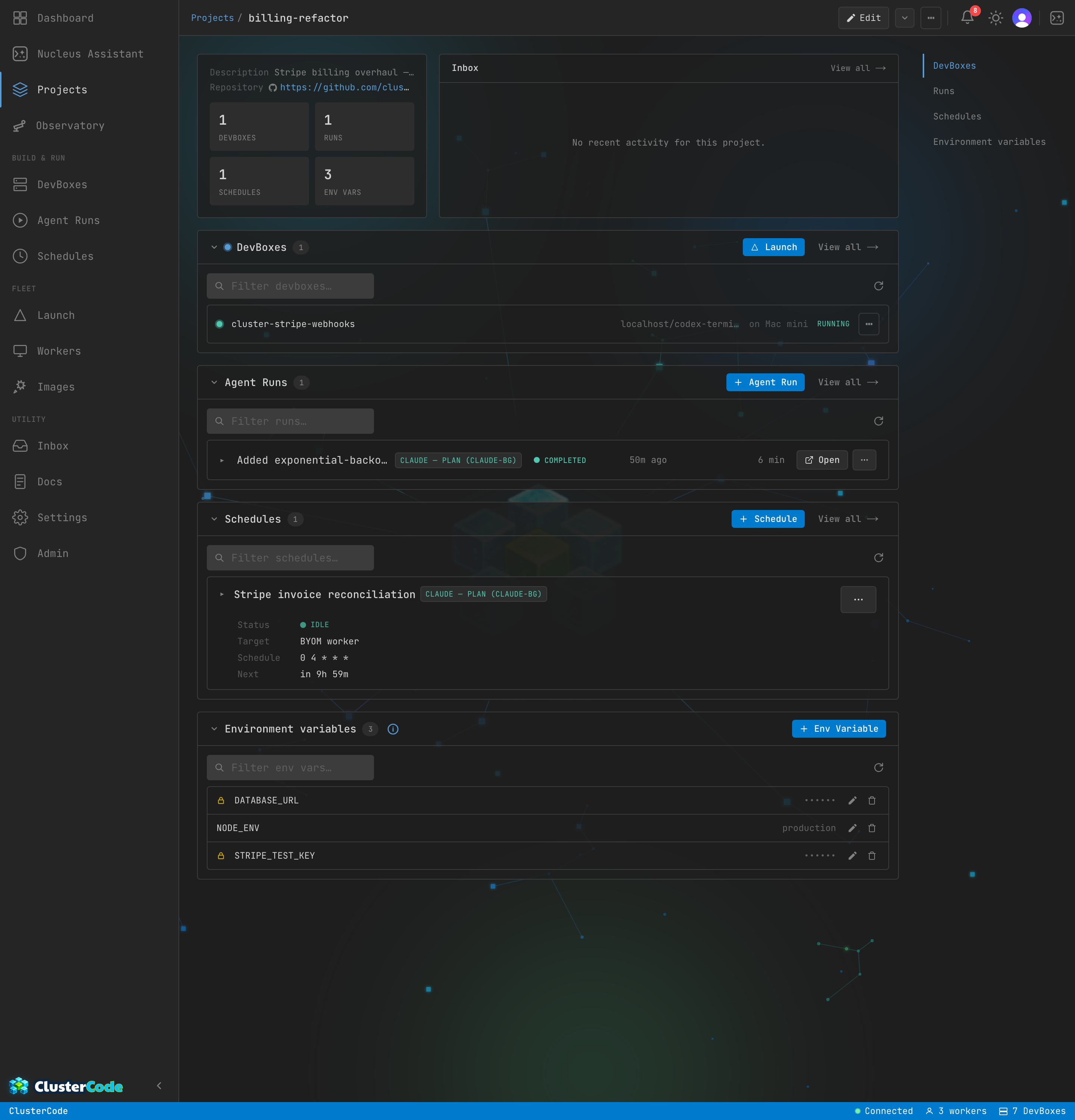 A project dashboard — scoped inbox, the project's DevBoxes, runs and schedules, and project-level environment variables