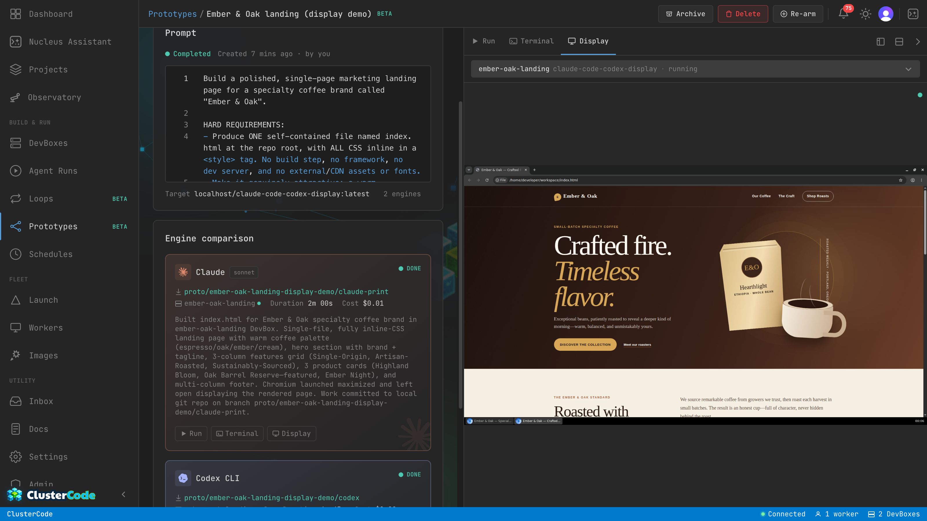 A finished two-contender prototype, compared side by side: Claude (sonnet) and Codex both Done, each card showing its branch, duration, and real dollar cost with the agent's own summary — and the shared side panel opened on Display, streaming the live desktop of a finished DevBox with the coffee-brand landing page each agent actually built rendered in the browser